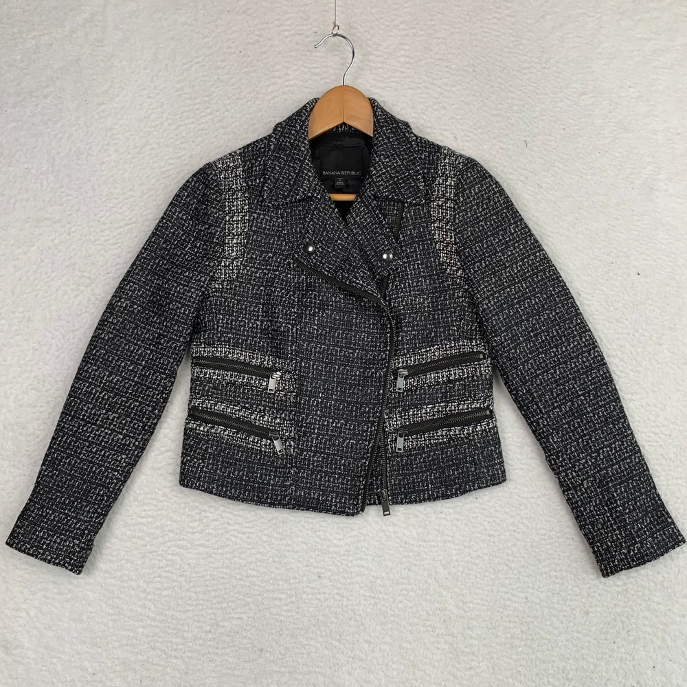 Banana Republic Tweed Moto Jacket Womens Petite 2 Asymmetrical Zip Black White